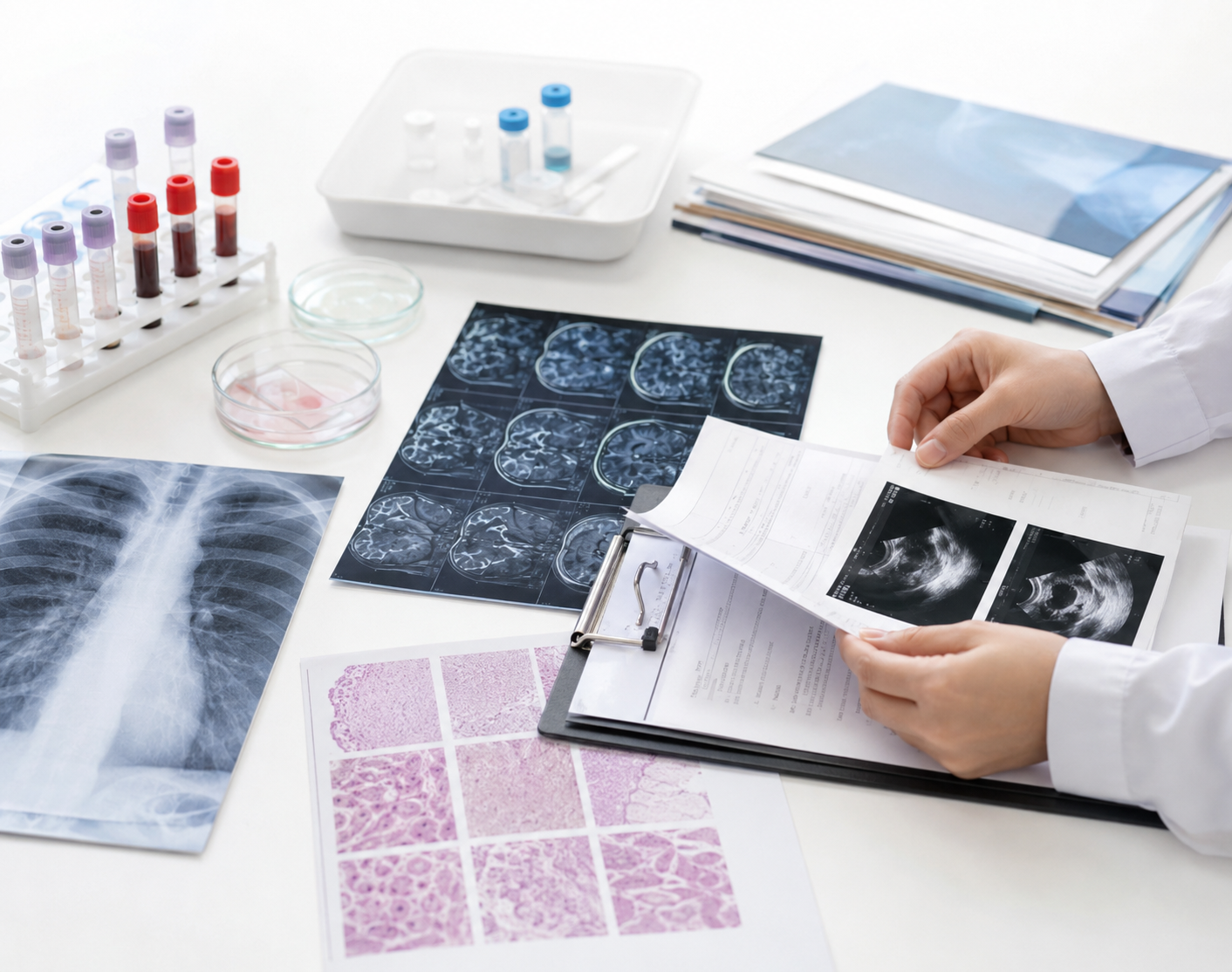 Medical scans laboratory results and treatment history prepared for an allogeneic stem cell evidence review