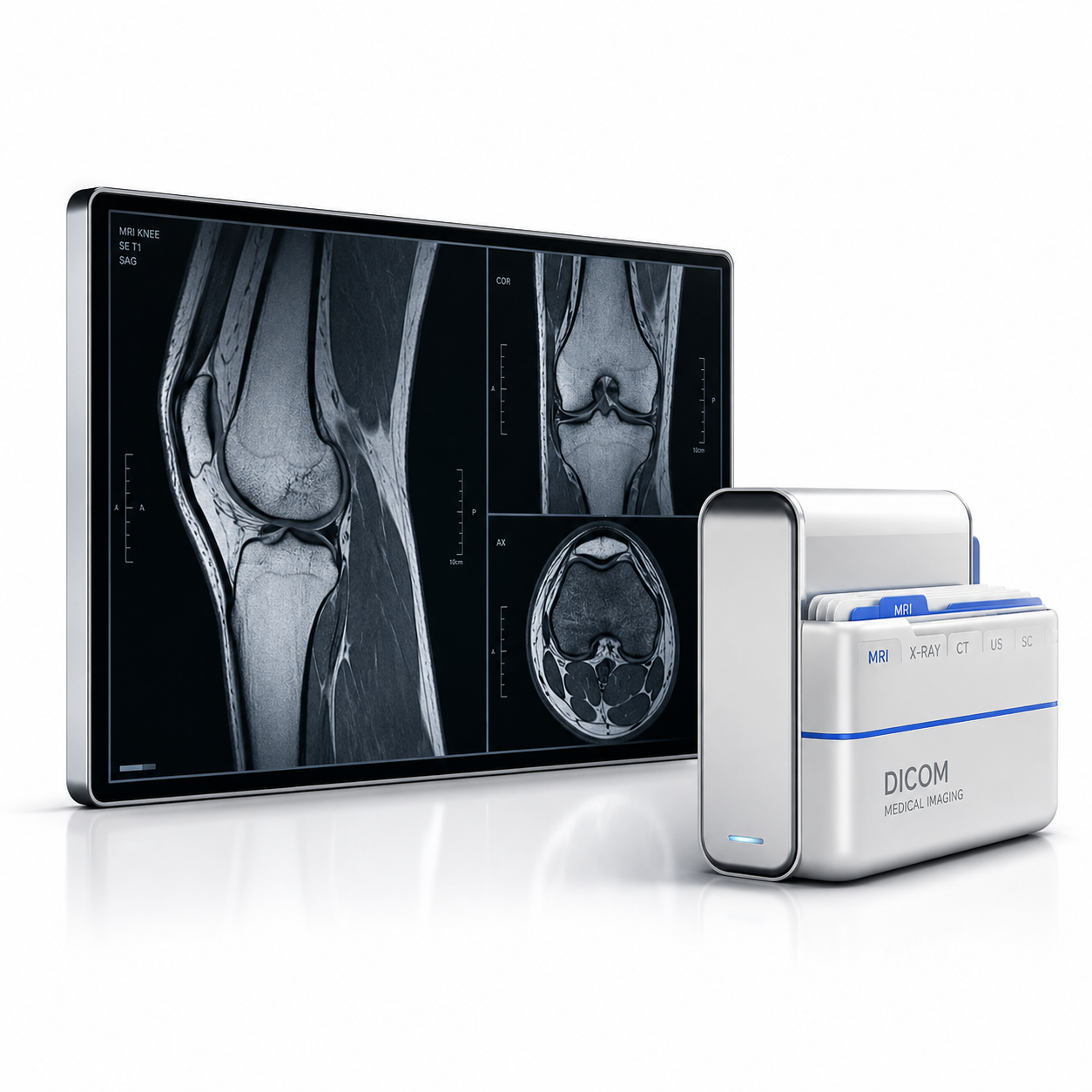 Knee MRI scans with DICOM medical imaging files prepared for physician review