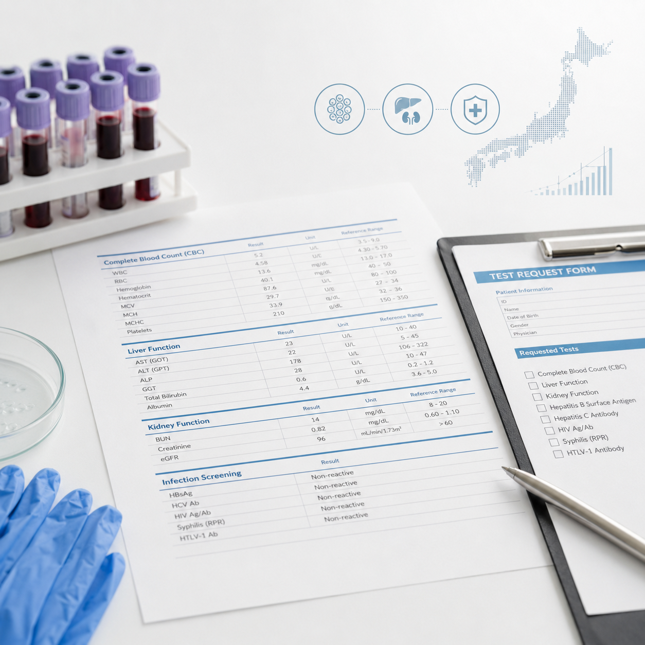 Blood test report with CBC, liver and kidney function results, infection screening, and sample tubes