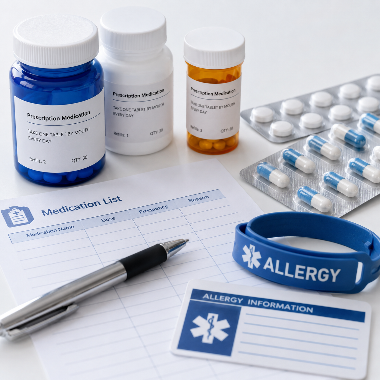 Medication list, prescription medicines, and allergy information prepared for medical review