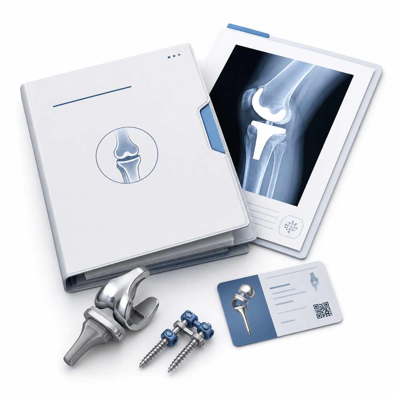 Orthopedic surgery records with knee replacement imaging, implant card, and surgical hardware