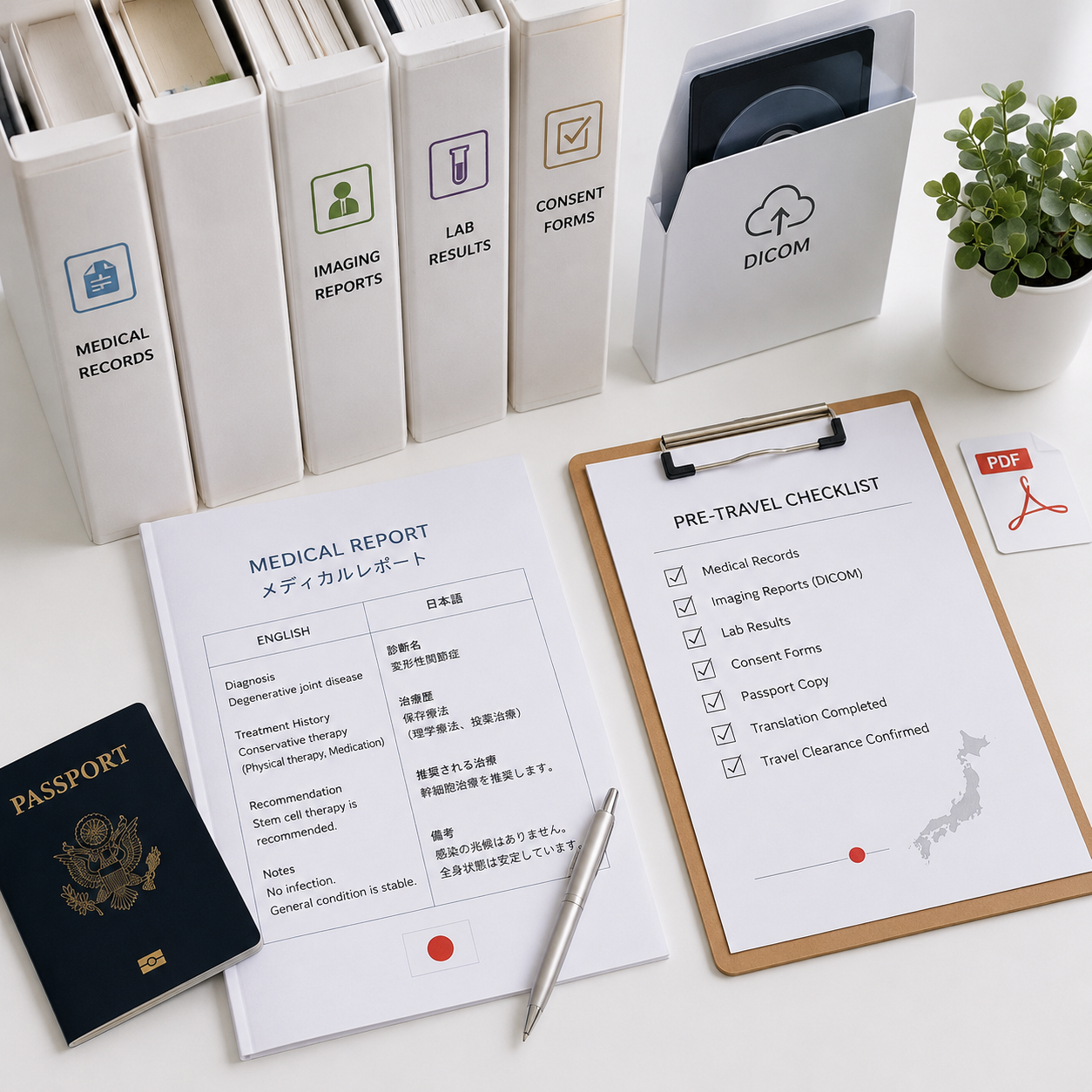 Organized medical records, DICOM files, translated report, passport, and pre-travel checklist for treatment in Japan