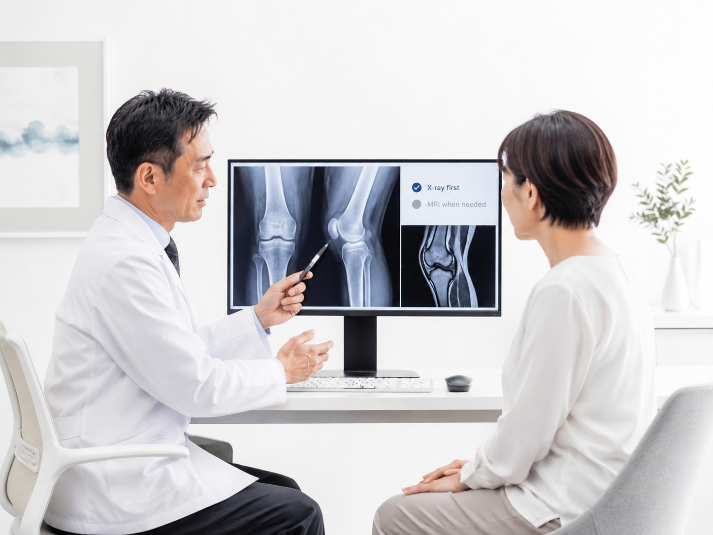 Doctor reviewing knee X-ray and MRI before stem cell treatment in Japan