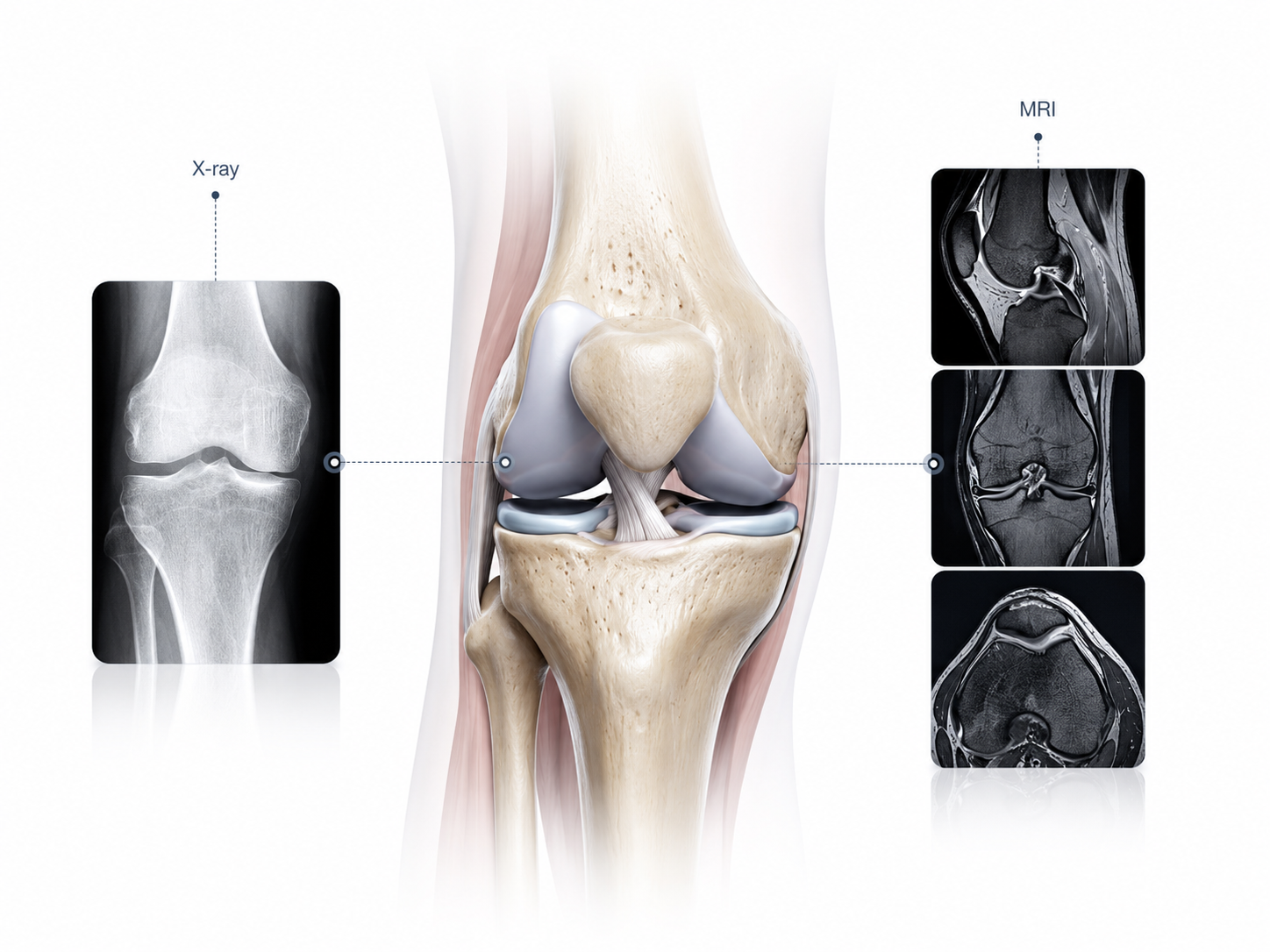 Knee anatomy comparison showing X-ray and MRI imaging