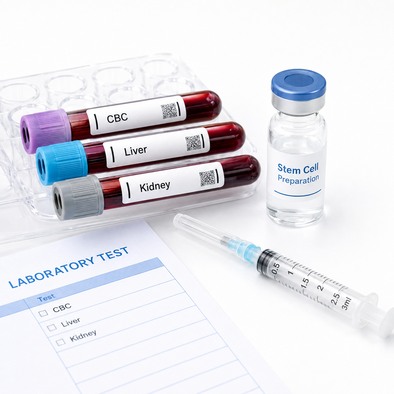 Blood test tubes for CBC, liver and kidney screening before stem cell therapy in Japan