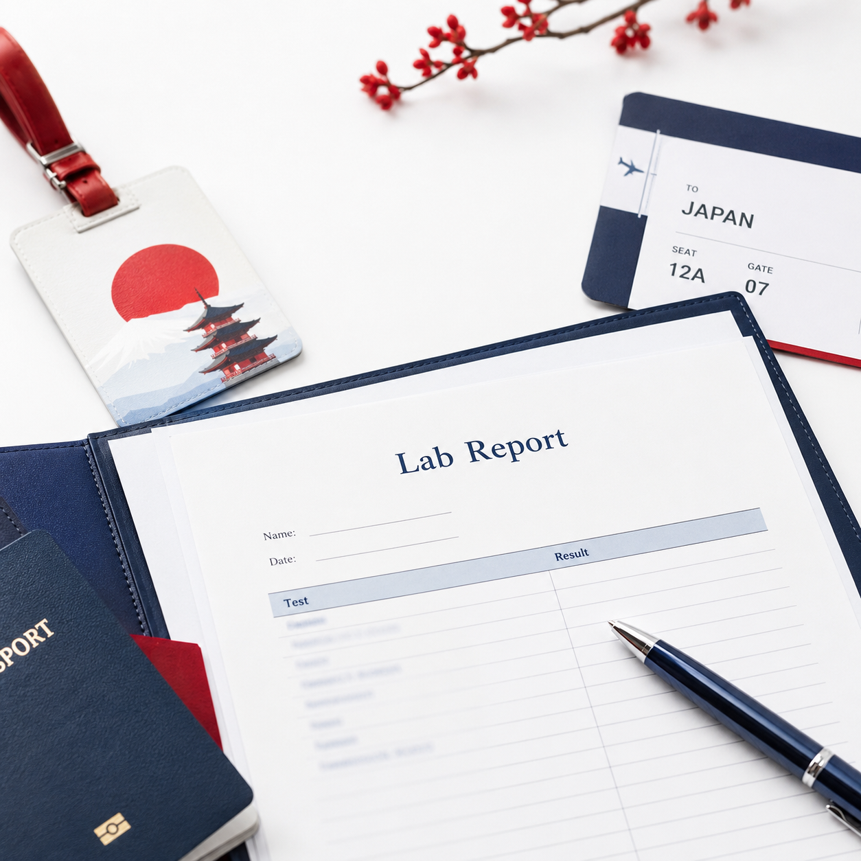 Overseas laboratory report and travel documents prepared for stem cell treatment in Japan